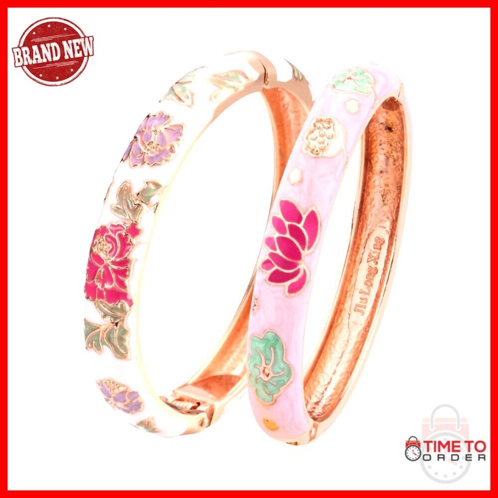 Vintage Cloisonne Enameled Bangle Bracelet Set Elegant Floral Cuff Jewelry